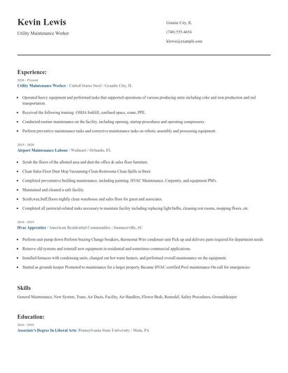 Utility Maintenance Worker Resume