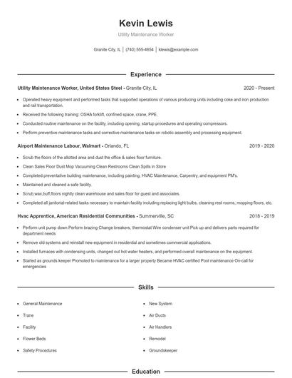 Utility Maintenance Worker Resume