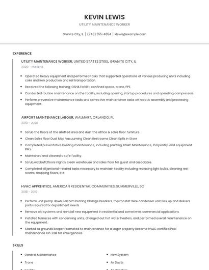 Utility Maintenance Worker Resume