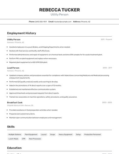 Utility Person Resume
