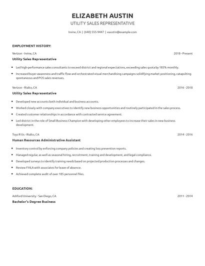 Utility Sales Representative Resume
