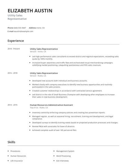 Utility Sales Representative Resume