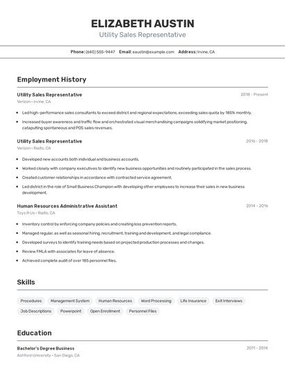 Utility Sales Representative Resume