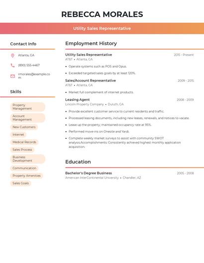 Utility Sales Representative Resume