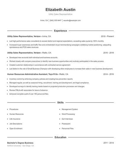 Utility Sales Representative Resume
