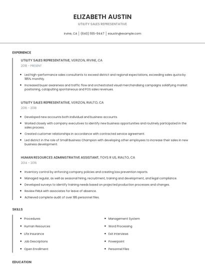 Utility Sales Representative Resume