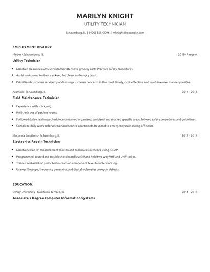 Utility Technician Resume