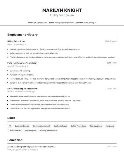 Utility Technician Resume