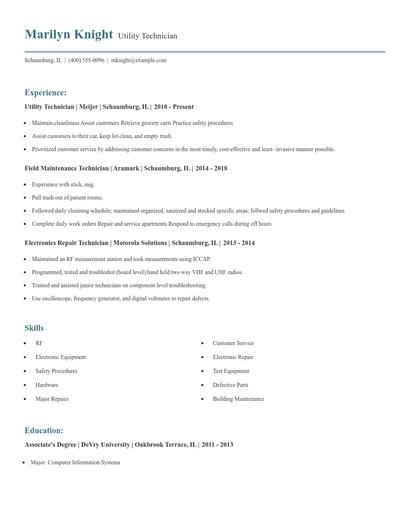 Utility Technician Resume
