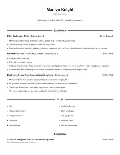 Utility Technician Resume