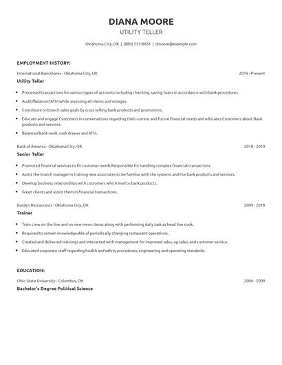 Utility Teller Resume
