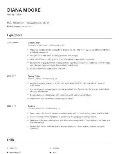 Utility Teller Resume