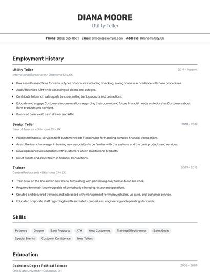 Utility Teller Resume
