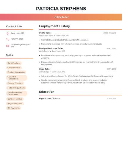 Utility Teller Resume