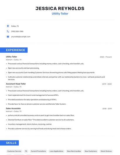 Utility Teller Resume