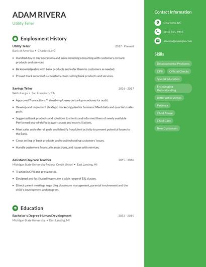 Utility Teller Resume