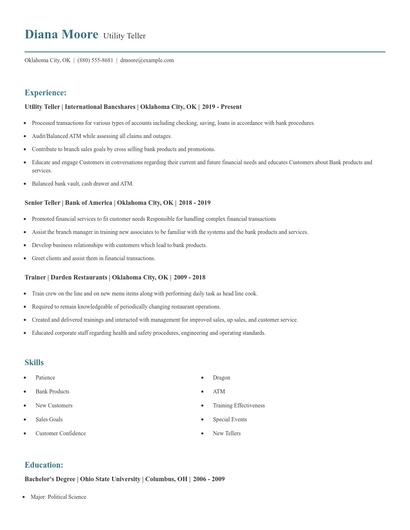 Utility Teller Resume