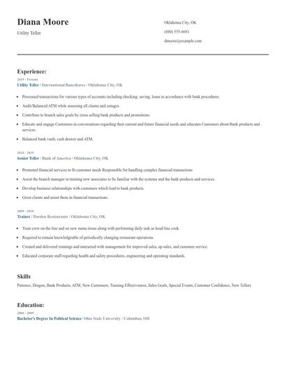 Utility Teller Resume