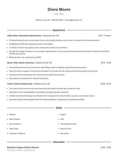 Utility Teller Resume