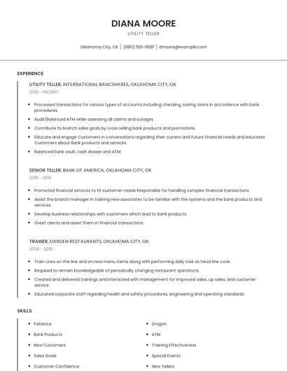Utility Teller Resume