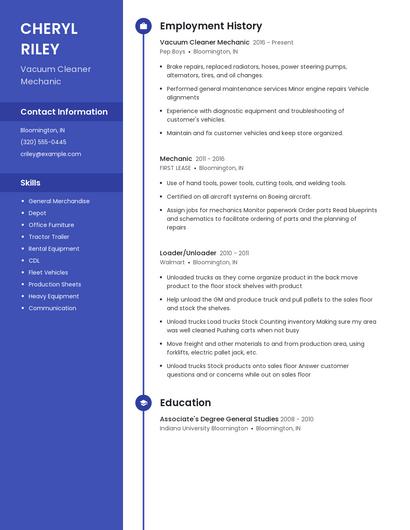 Vacuum Cleaner Mechanic Resume