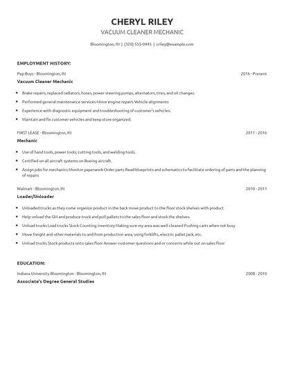 Vacuum Cleaner Mechanic Resume