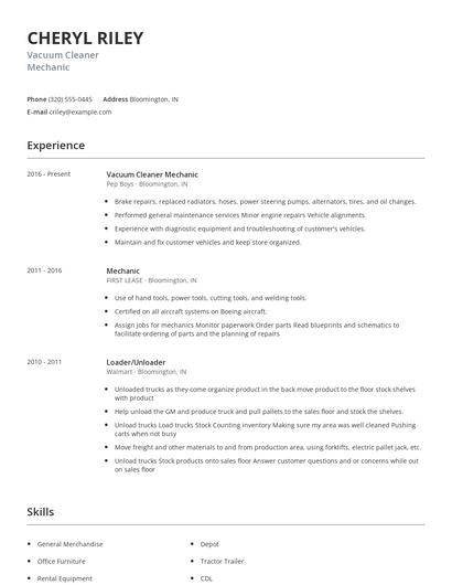 Vacuum Cleaner Mechanic Resume