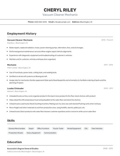 Vacuum Cleaner Mechanic Resume