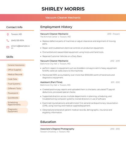 Vacuum Cleaner Mechanic Resume