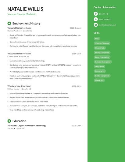 Vacuum Cleaner Mechanic Resume