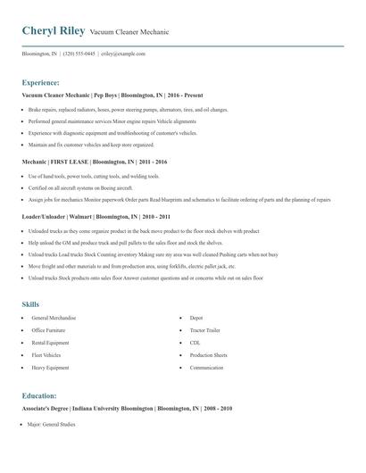 Vacuum Cleaner Mechanic Resume