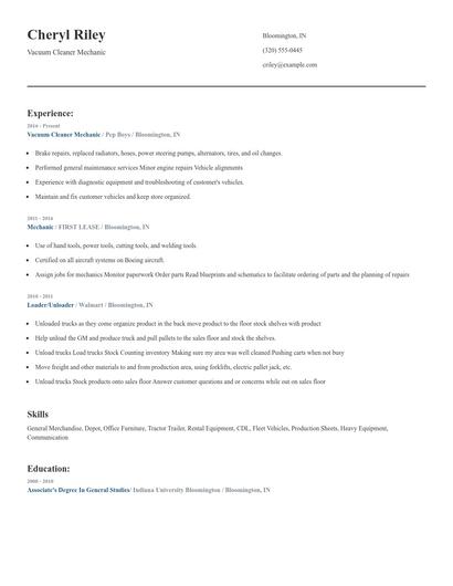 Vacuum Cleaner Mechanic Resume