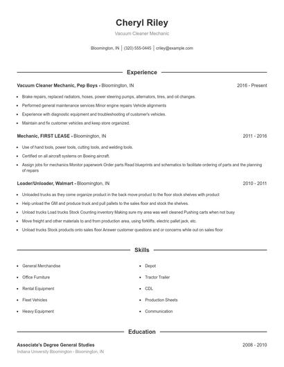 Vacuum Cleaner Mechanic Resume
