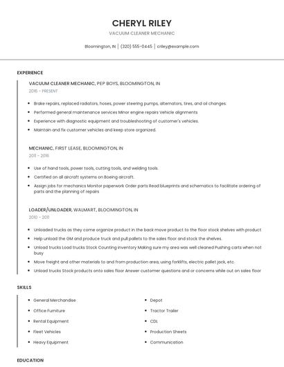 Vacuum Cleaner Mechanic Resume