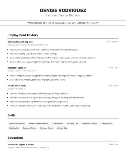 Vacuum Cleaner Repairer Resume