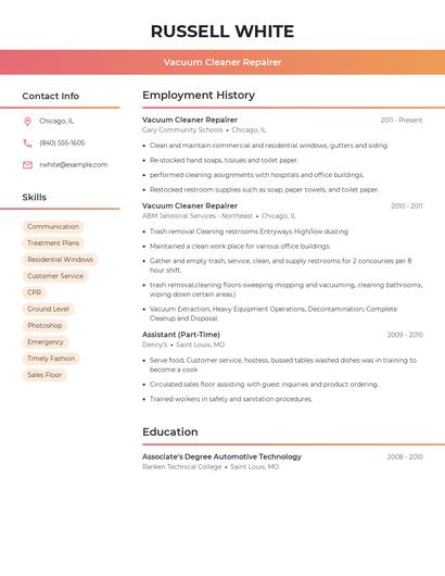 Vacuum Cleaner Repairer Resume