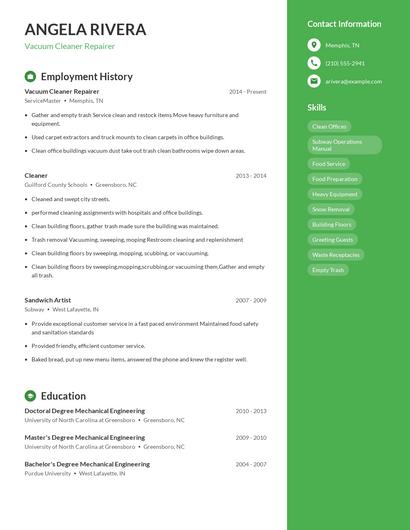 Vacuum Cleaner Repairer Resume