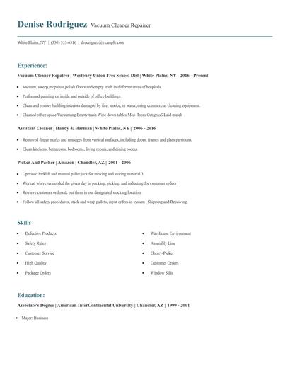 Vacuum Cleaner Repairer Resume