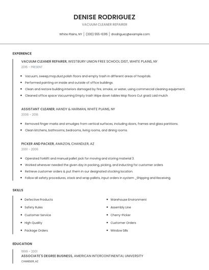 Vacuum Cleaner Repairer Resume