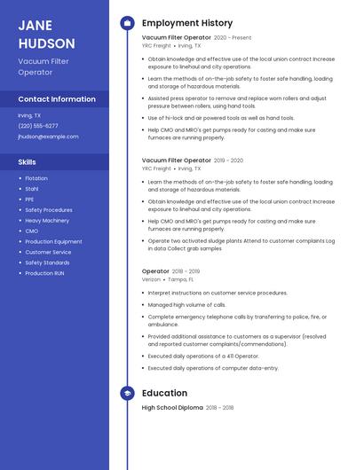 Vacuum Filter Operator Resume