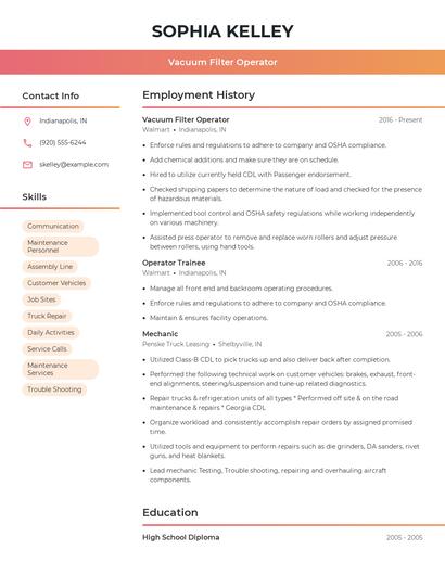 Vacuum Filter Operator Resume