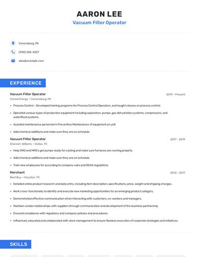 Vacuum Filter Operator Resume