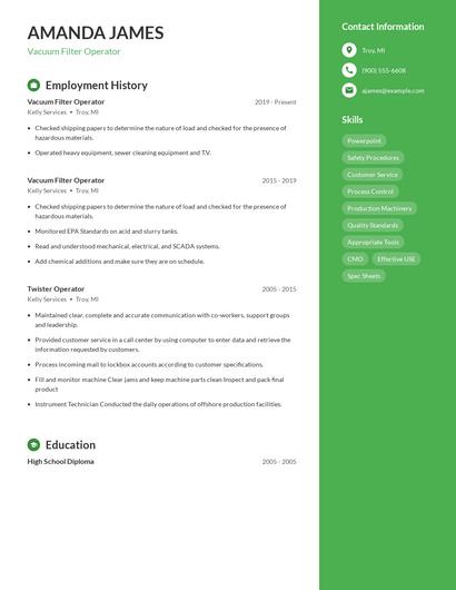 Vacuum Filter Operator Resume