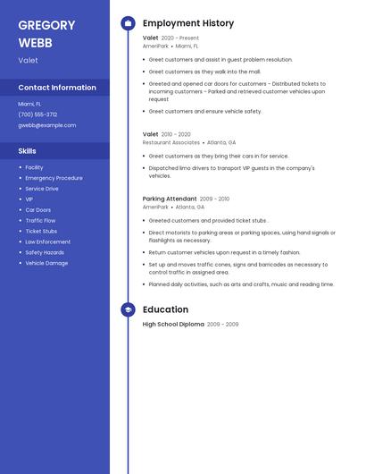 Valet Resume