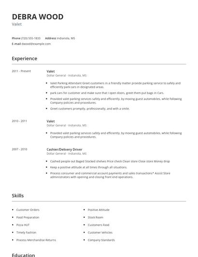 Valet Resume