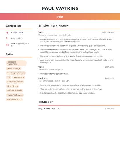 Valet Resume