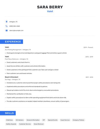 Valet Resume