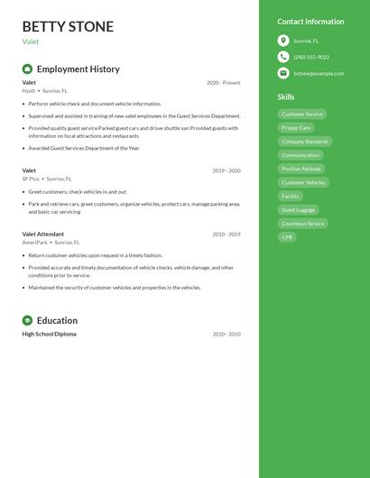 Valet Resume