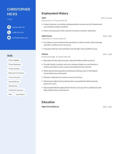 Valet Resume