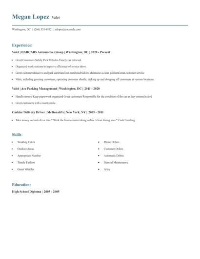 Valet Resume
